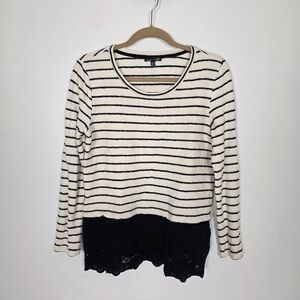 RXB Cream and Black Striped Long Sleeve Top with Lace Hem